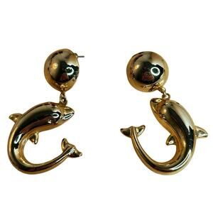 Vintage Dolphin Large Button Dangle Earrings